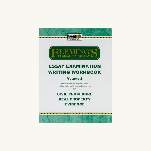 Fleming's Essay Exam Writing Workbook Volume 2 is a self-instruction manual that includes 15 bar exam practice tests and detailed instructions on how to master the skills of issue spotting, analysis, and writing. It covers three subjects – Evidence, Property, and Civil Procedure – with five bar exam questions each, accompanied by sample IRAC outlines and answers to help you hone your skills.