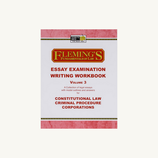 Fleming's Essay Exam Writing Workbook Volume 3 is a comprehensive self-instruction manual containing 15 bar exam practice tests in the subjects of Constitutional Law, Criminal Procedure, and Corporations. Perfect your issue spotting, analysis, and writing skills with 5 bar exam questions per subject, accompanied by IRAC sample outlines and answers. Detailed instructions provide expert guidance on essay exam techniques and skills.
