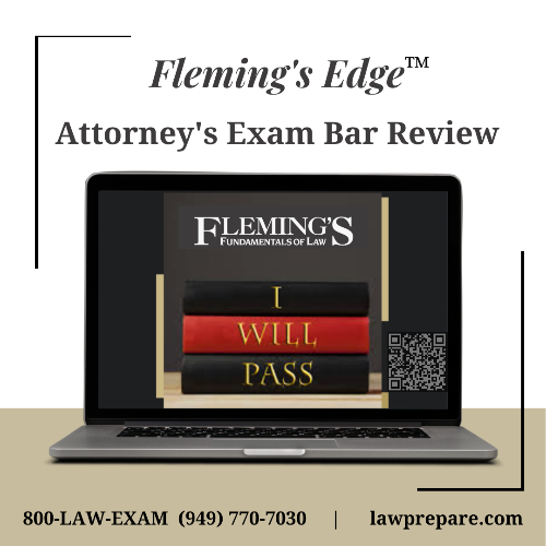 The Fleming's Edge Attorney's Exam Bar Review prepares you for both formats tested on the CA Bar Attorney's Exam. You receive substantive law instruction in all CA bar exam subjects in addition to the needed bar exam questions with the methods and strategies required to pass the Essay and Performance sections. You are given bar exam practice tests with regular writing assignments. All submitted writing assignments are critiqued by Fleming's staff of private bar exam tutors via audio feedback.