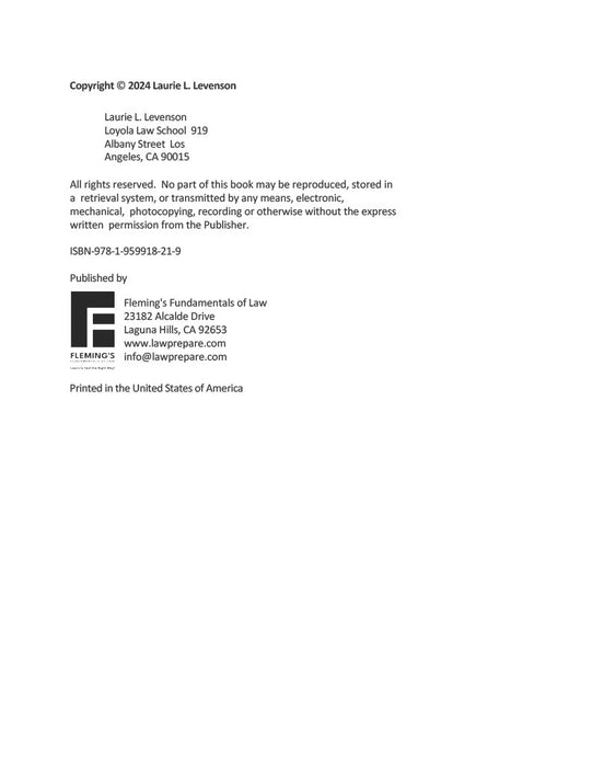 Laurie L Levenson Criminal Law Roadmap 8th Ed. 2024 ISBN: 978-1-959918-21-9. Loyola Law School. Fleming’s Fundamentals of Law. Levenson’s RoadMap for Criminal Law: is the newest, most up-to-date outline available. Is based upon the insights and teaching methods of Professor Laurie Levenson Illuminates areas of subtlety and ambiguity in criminal law. Includes analyses that help you to apply and understand criminal law. Order now lawprepare.com